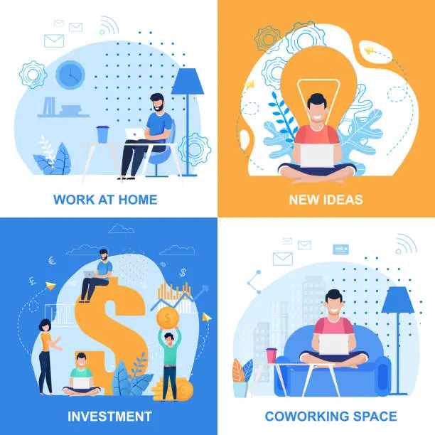 Vector illustration of Work at Home or Office, Create Idea, Input Set