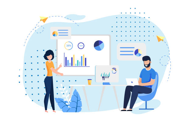 Coworking Office and Employees Flat Illustration Coworking Office and Employees Sharing Working Space. Man Typing on Laptop, Woman Reports Standing near Presentation Board. Business Meeting, Conference, Formal discussion. Vector Flat Illustration computer presentation stock illustrations