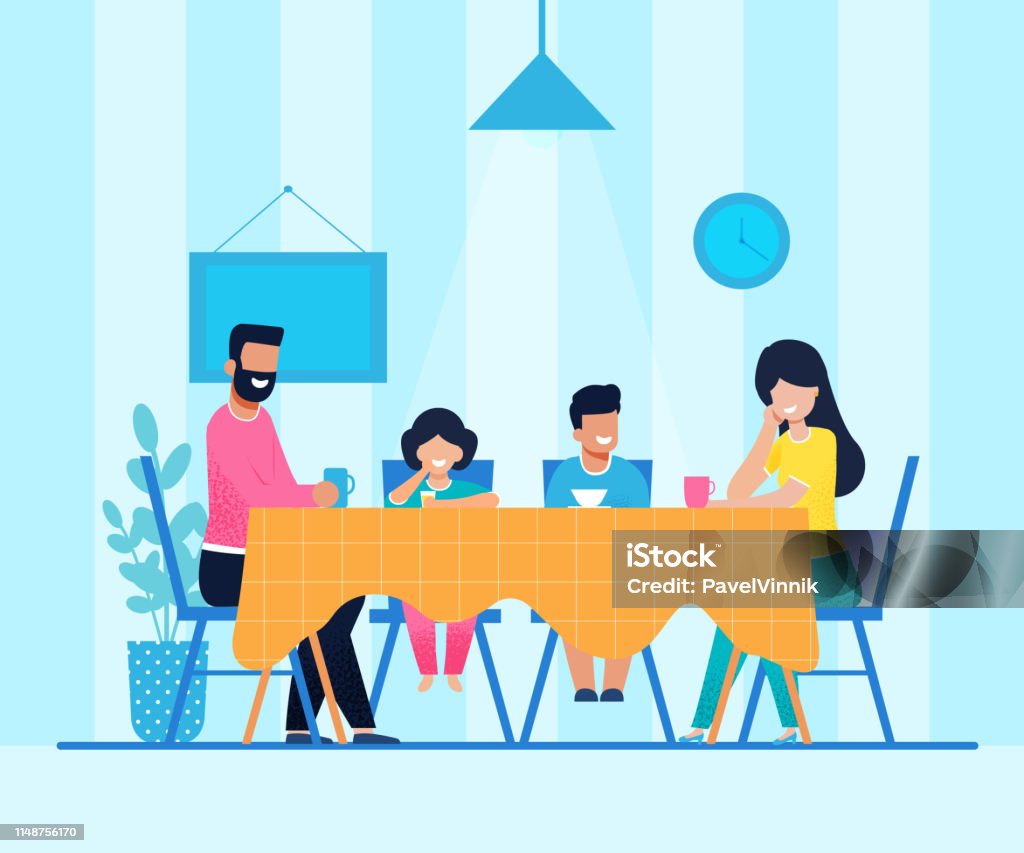 Happy Cartoon Family Have Dinner At Home Together Stock Illustration -  Download Image Now - Family, Dinner, Eating - iStock