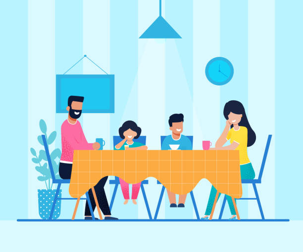 Happy Cartoon Family Have Dinner at Home Together Happy Cartoon Family Having Dinner at Home. Mother and Father Drinking Coffee or Tea. Daughter Tasting Juice and Son Eating Soup. Parents and Children Sitting in Living Room. Vector Flat Illustration dining illustrations stock illustrations
