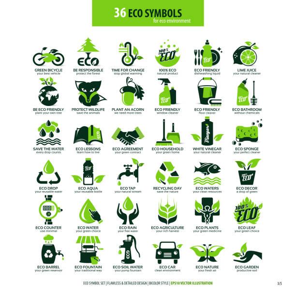 36 symbols for eco environment collections of eco friendly flat symbols, high detailed icons, graphic design web elements, alternative ecological concept, isolated emblems on clean white background, vector art illustration wildlife trade stock illustrations