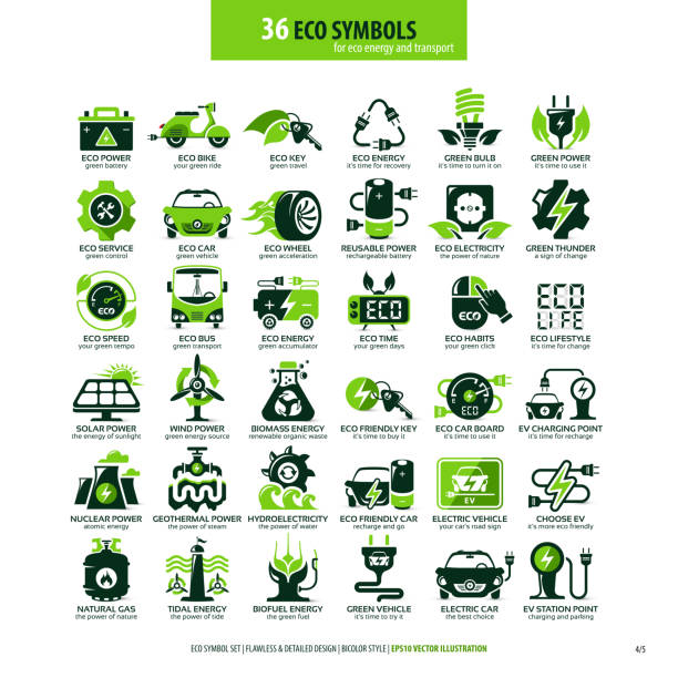 36 symbols for eco energy and transport collections of eco friendly flat symbols, high detailed icons, graphic design web elements, alternative ecological concept, isolated emblems on clean white background, logotype vector art illustration electric logo stock illustrations