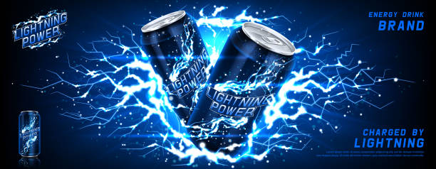 Energy drink ads banner Energy drink ads banner. Vector illustration with energy drink can, bright lightnings and shining thunderstorms. Realistic 3d illustration. energy drink stock illustrations