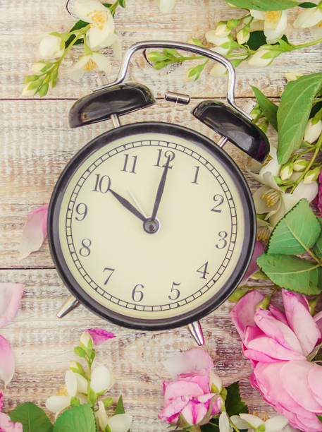 istock Spring flowers and Alarm Clock. Change the time. 1148757952
