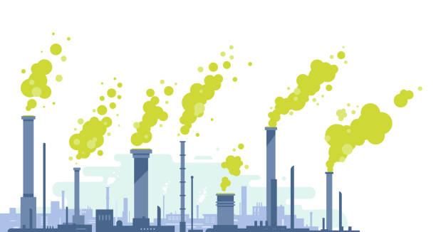 zanieczyszczenie powietrza rurami przemysłowymi - factory pollution smoke smog stock illustrations