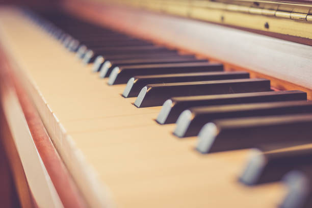 Rustic piano: close up picture of classical piano keys, selective focus