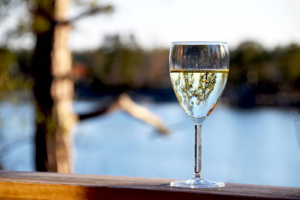 istock Glass of white wine on deck railing with sea view on a summer evening 1148763355