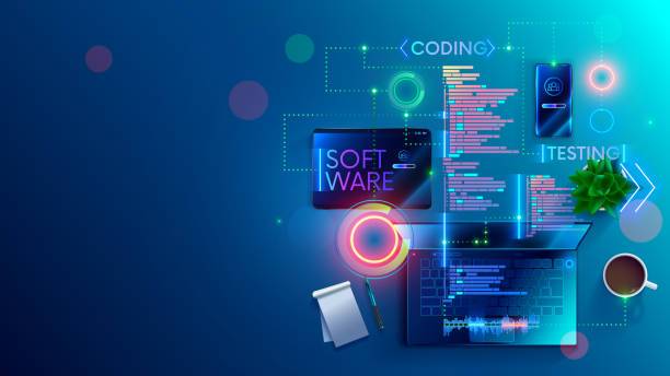 Software development coding concept. Programming, testing code, app. Software development coding process concept. Programming, testing cross platform code, app on laptop, tablet, phone. Create, editing script desktop and mobile devices. Technology software of business. development stock illustrations