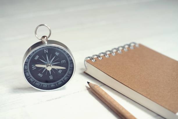 istock Compass and brown notebook on white wooden table background, journey planning concept, copy space 1148765150