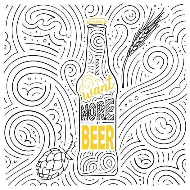 Vector illustration of Beer theme card design. The lettering - I Want More Beer. Handwritten swirl pattern. Vector illustration.
