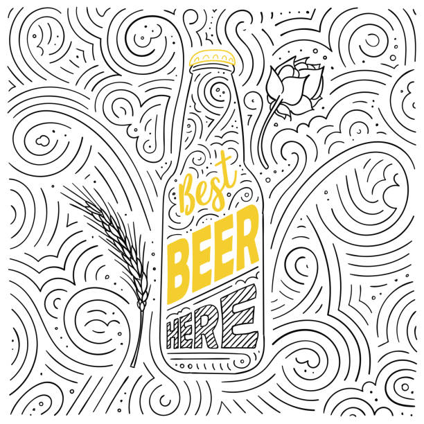 illustrazioni stock, clip art, cartoni animati e icone di tendenza di design della carta a tema birra. il lettering - la migliore birra qui. motivo a vortice scritto a mano. illustrazione vettoriale. - swirl beer