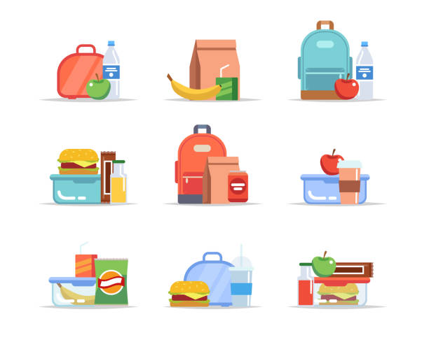 Lunchbox - different types of lunches, school meal and snack, children's lunch trays with fruits, hamburgers, water, juice, soda, chocolate. Vector illustration in flat style vector illustration in flat style lunch icons stock illustrations