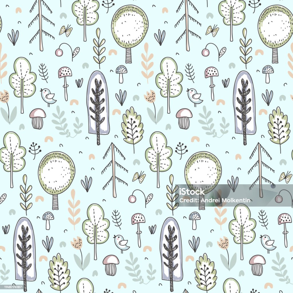 Vector Seamless Pattern With Hand Drawn Forest Trees Stock Illustration ...