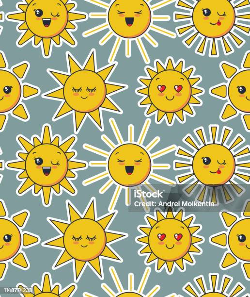 Fun Patterns Simple Sun Vector Seamless Pattern With Cute Smiling Sun Faces Stock Illustration ...