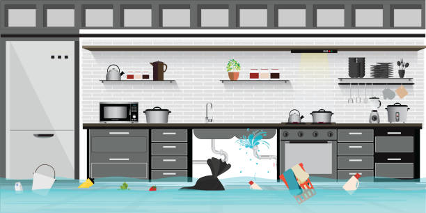 innenraum überflutet kellerboden der küche mit undichten pipeline. - water heater boiler water pipe basement stock-grafiken, -clipart, -cartoons und -symbole