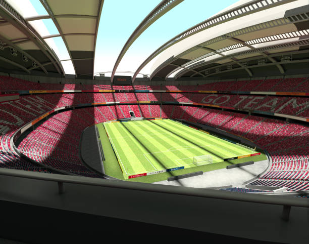 Large Empty Soccer Stadium - Panorama View Panorama view of an empty, large 40.000 seats capacity, soccer stadium layered in 3 levels, on a beautiful sunny day, 3d render scoreboard stadium sport seat stock pictures, royalty-free photos & images