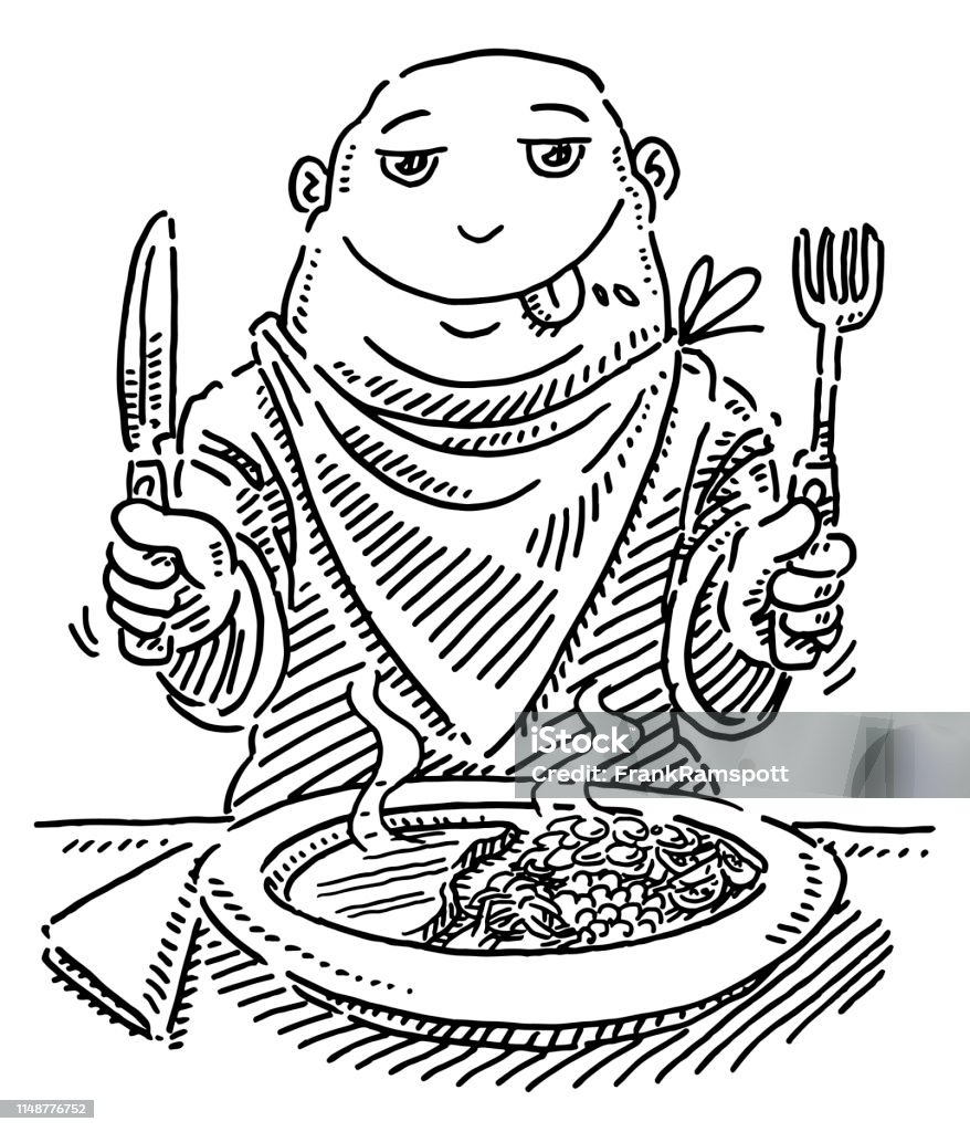 Hungry Cartoon Figure At Dining Table Drawing Stock Illustration - Download  Image Now - Baby Bib, Adult, Eating - iStock