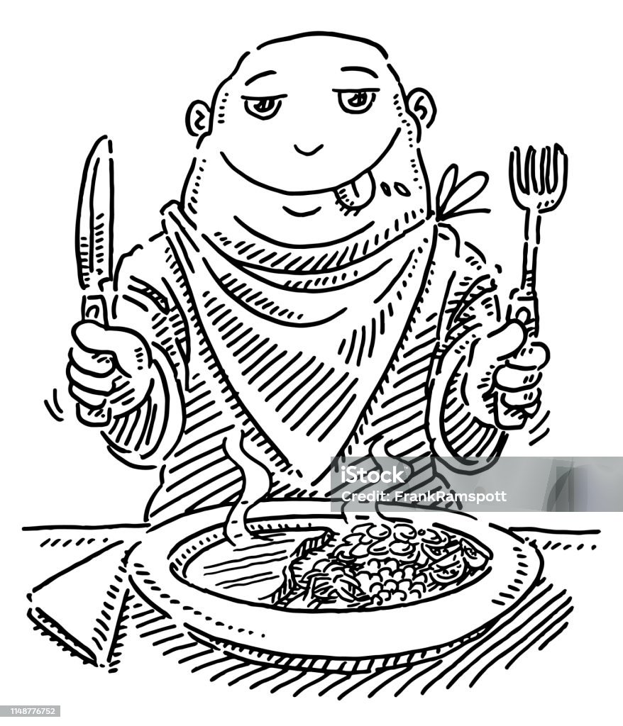 Hungry Cartoon Figure At Dining Table Drawing Hand-drawn vector drawing of a Hungry Cartoon Figure At Dining Table. Black-and-White sketch on a transparent background (.eps-file). Included files are EPS (v10) and Hi-Res JPG. Baby Bib stock vector