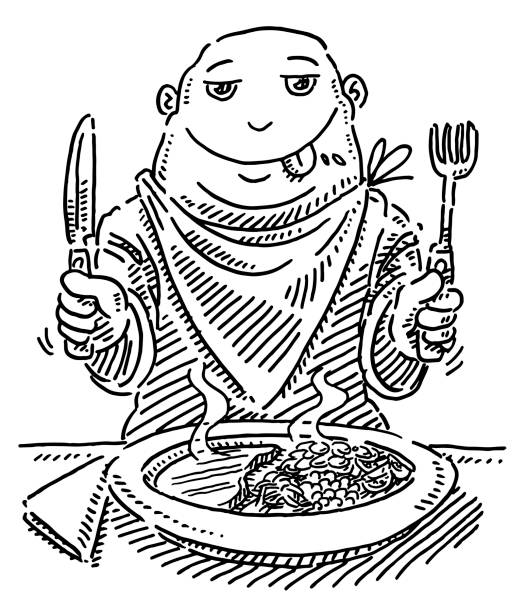 Hungry Cartoon Figure At Dining Table Drawing Hand-drawn vector drawing of a Hungry Cartoon Figure At Dining Table. Black-and-White sketch on a transparent background (.eps-file). Included files are EPS (v10) and Hi-Res JPG. baby bib stock illustrations