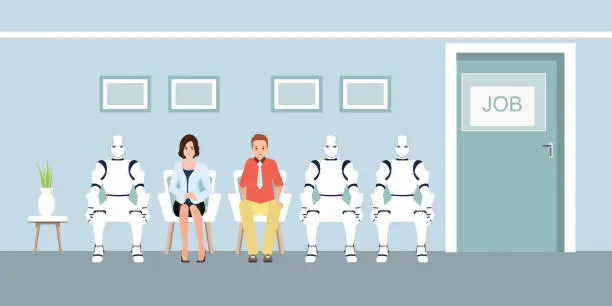 Vector illustration of People and Robot Queue waiting for Job Interview at Office.