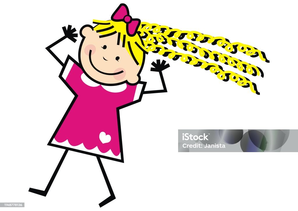 curly girl, cute vector illustration Little curly girl in red dress, funny vector illustration, funny vector illustration. Colored image on white background. Child stock vector