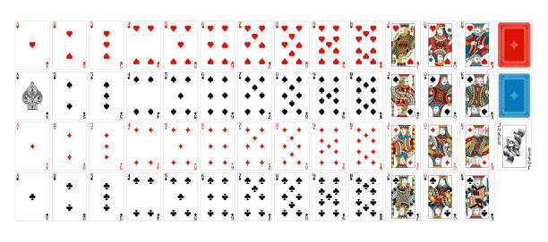 Playing Cards Deck Full Complete A truly full, complete deck of playing cards. All cards including joker plus and backs. An original design in a classic vintage style. Standard poker size. ace stock illustrations