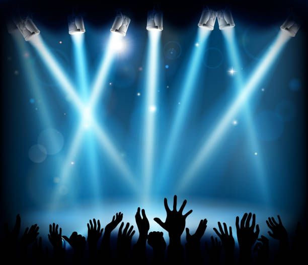 Stage Party Crowd Concert People Hands Silhouette A stage with spotlights at a party or concert with a crowd of peoples hands in silhouette crowd of people borders stock illustrations