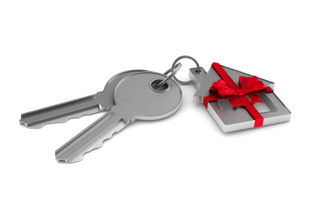Two keys and trinket house on white background. isolated 3d illustration
