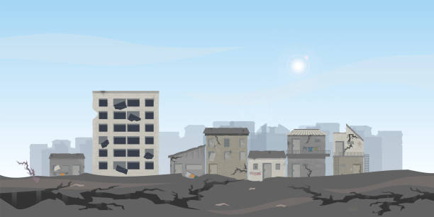ilustrações, clipart, desenhos animados e ícones de o terremoto destruiu casas e ruas. - roof of the world