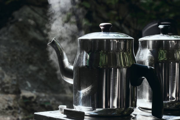 istock Camping camp holidays concept Two teapots with hot tea 1148786737