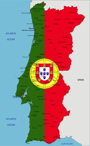 Vector illustration of Portugal highly detailed political map with national flag.