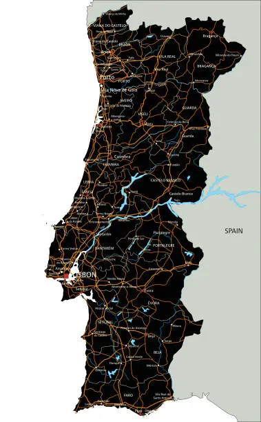 Vector illustration of High detailed Portugal road map with labeling.