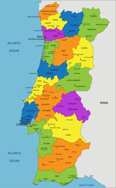 Vector illustration of Colorful Portugal political map with clearly labeled, separated layers.