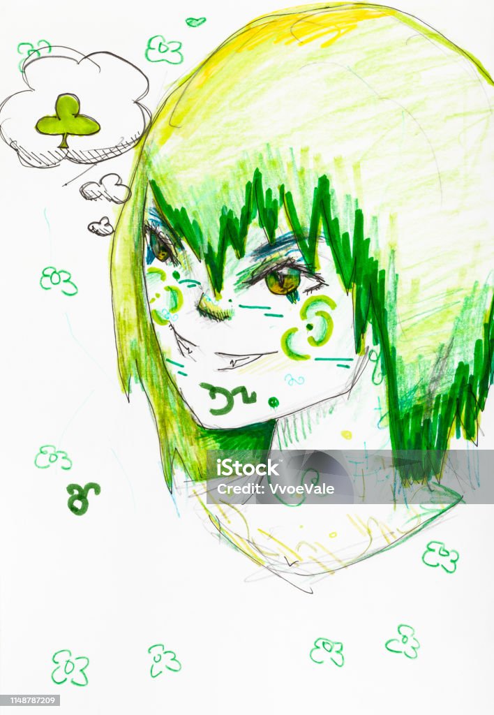 head of smiling boy with brown eyes and green hair head of smiling boy with brown eyes and green hair decorated with abstract leaves hand-drawn by felt pens on white paper Adult stock illustration