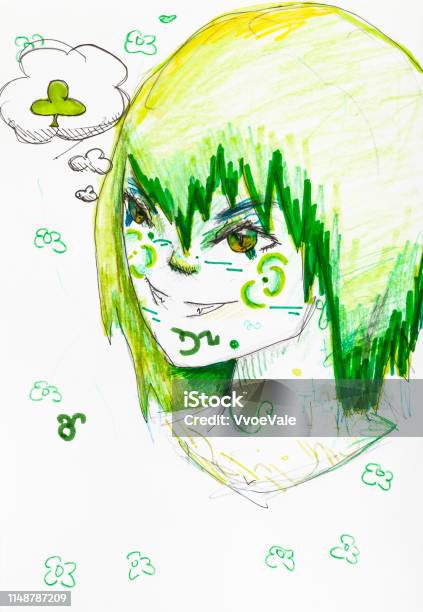 Head Of Smiling Boy With Brown Eyes And Green Hair Stock Illustration - Download Image Now - Adult, Anthropomorphic Face, Art