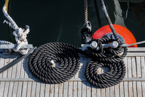 istock Two black ropes on the sea pier 1148787436