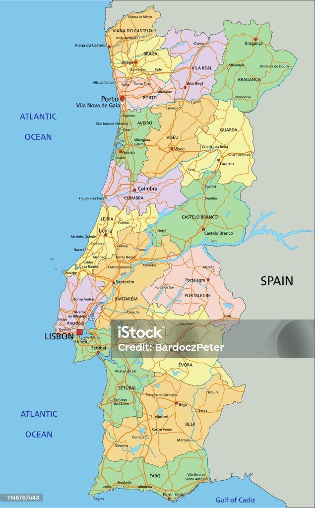 Португалия Очень Подробная Редактируемая Политическая Карта С Маркировкой —  стоковая векторная графика и другие изображения на тему Карта - iStock