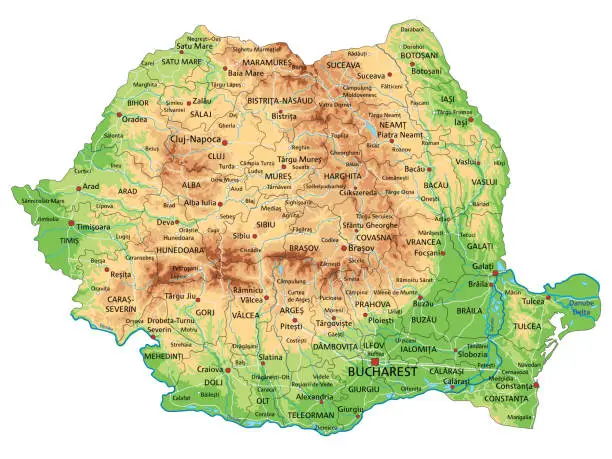 Vector illustration of High detailed Romania physical map with labeling.