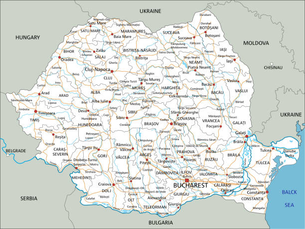 высокая подробная дорожная карта румынии с маркировкой. - romania stock illustrations