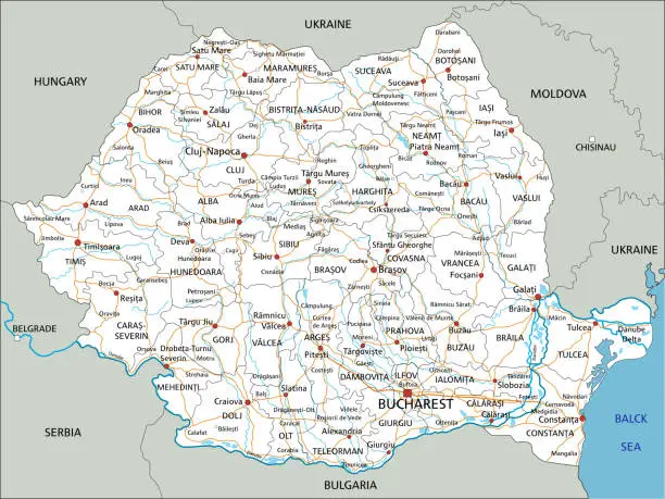 Vector illustration of High detailed Romania road map with labeling.