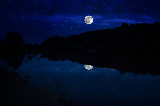 istock This dramatic moon rise in a deep blue night time sky is accented by highlighted clouds and beautiful, calm lake reflection.Selective focus 1148789109