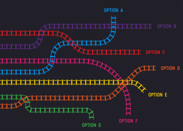 Train tracks infographic Train rail tracks, railroad infographic template. Railway tracks in directions. Colorful tracks going in different directions with option. Rail map or logistic options. railroad track illustrations stock illustrations