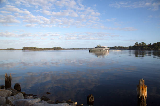 Strahan, Tasmania: April 04, 2019: Gordon River cruises from Macquarie Harbour. Exploring the wilderness area of Franklin Gordon Wild Rivers National Park.