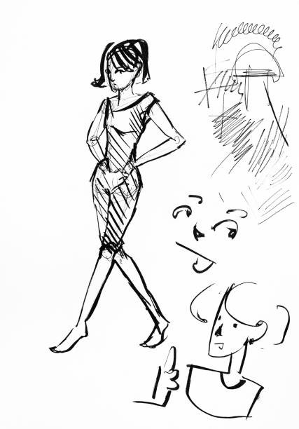 istock sketches of walking girl and female faces by ink 1148791923
