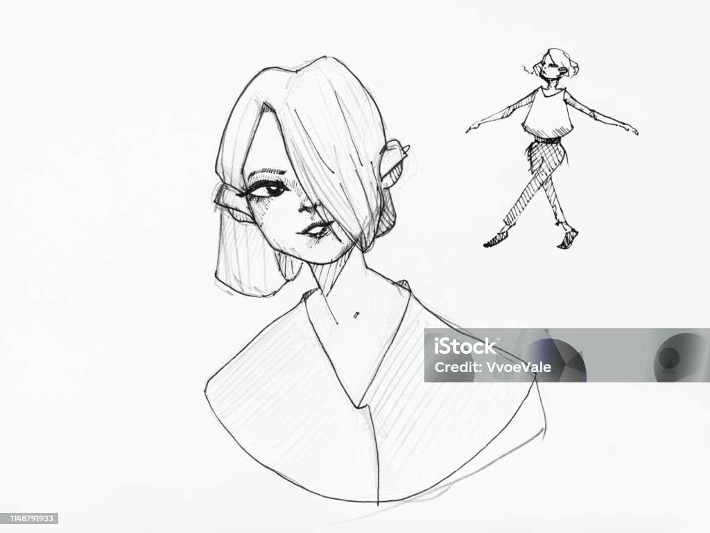 girl with hair covering one eye hand drawn by ink sketches of elf girl with hair covering one eye and figure of dancing girl hand-drawn by black pencil and ink on white paper Adult stock illustration