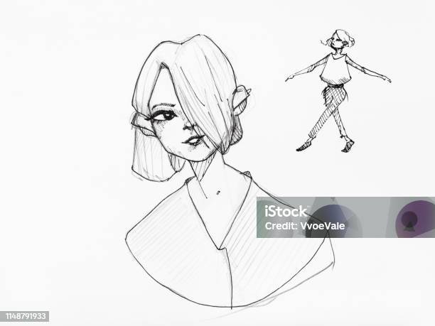 Girl With Hair Covering One Eye Hand Drawn By Ink Stock Illustration - Download Image Now - Adult, Anthropomorphic, Anthropomorphic Face