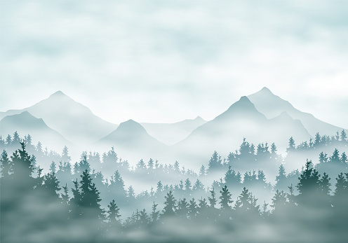 Realistic illustration of mountain landscape silhouettes with forest and coniferous trees. Fog haze or clouds under green-blue sky - vector