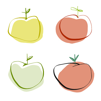 Vector illustration of a collection of colorful apples in a pencil drawing style.