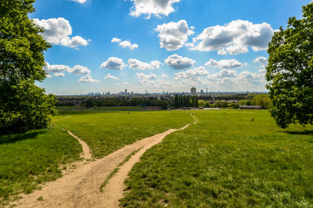 The sports fields near Hampstead Heath in London, overlooking the city