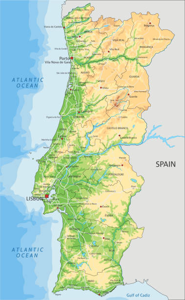 High detailed Portugal physical map with labeling. High detailed Portugal physical map with labeling. Organized vector illustration on seprated layers. setúbal city portugal stock illustrations